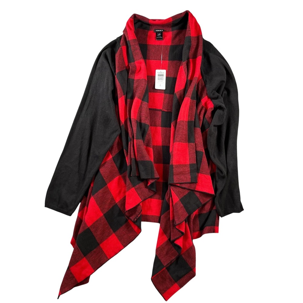 Torrid Plaid Drape Front Cardigan Oversize Buffalo Plaid Red Black Size 4/4X NEW